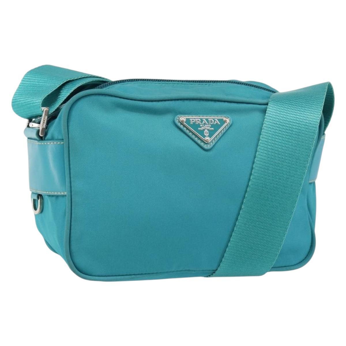 Prada Shoulder Bag Nylon Turquoise Blue Silver Auth 157870